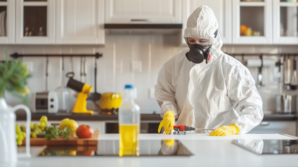 Profesjonalna dezynsekcja kuchni przez technika w kombinezonie ochronnym