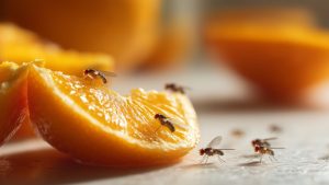 Muszki owocówki na plasterku pomarańczy leżącym na kuchennym blacie